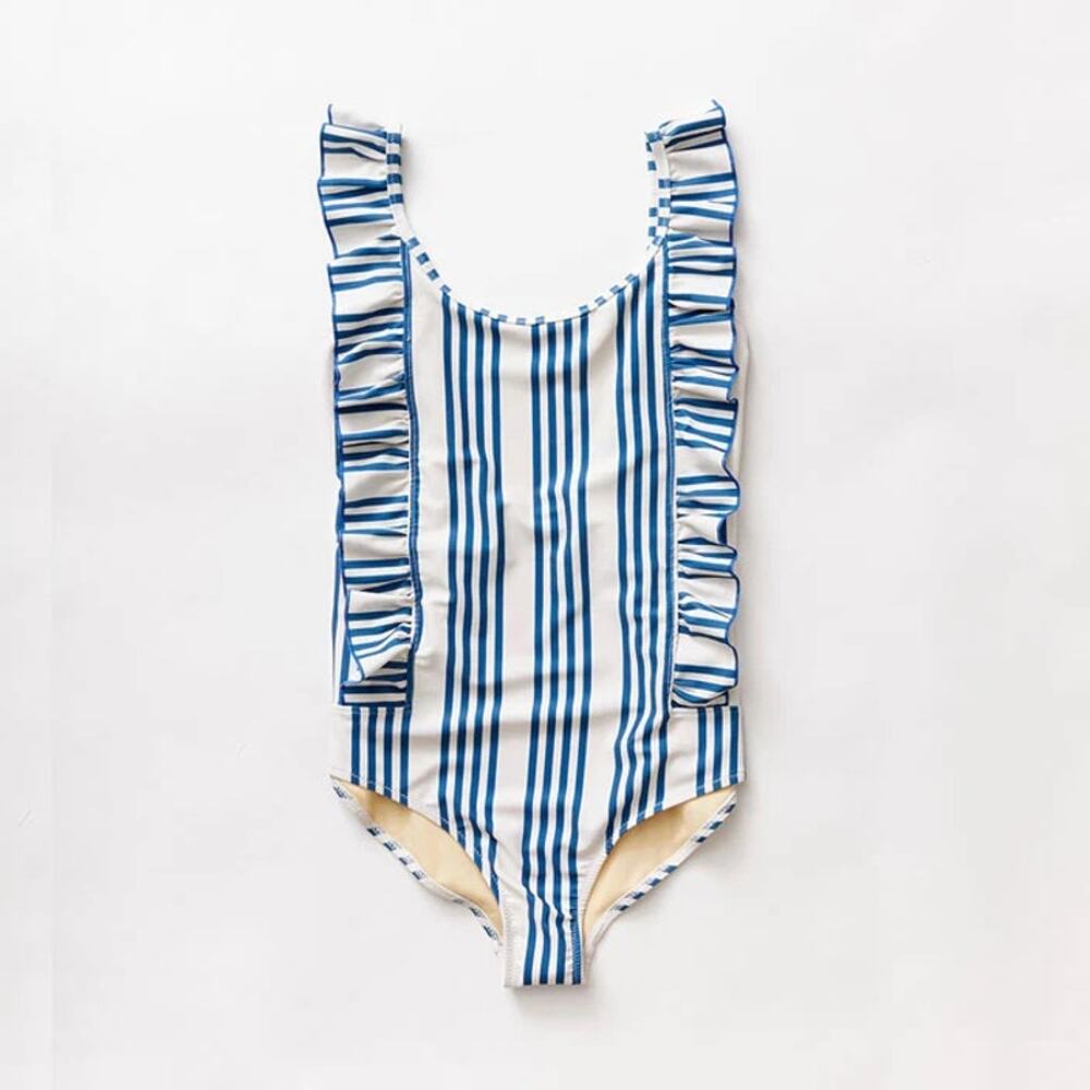 Pink Chicken Women’s Katniss Column Striped Ruffle Swimsuit One Piece Small